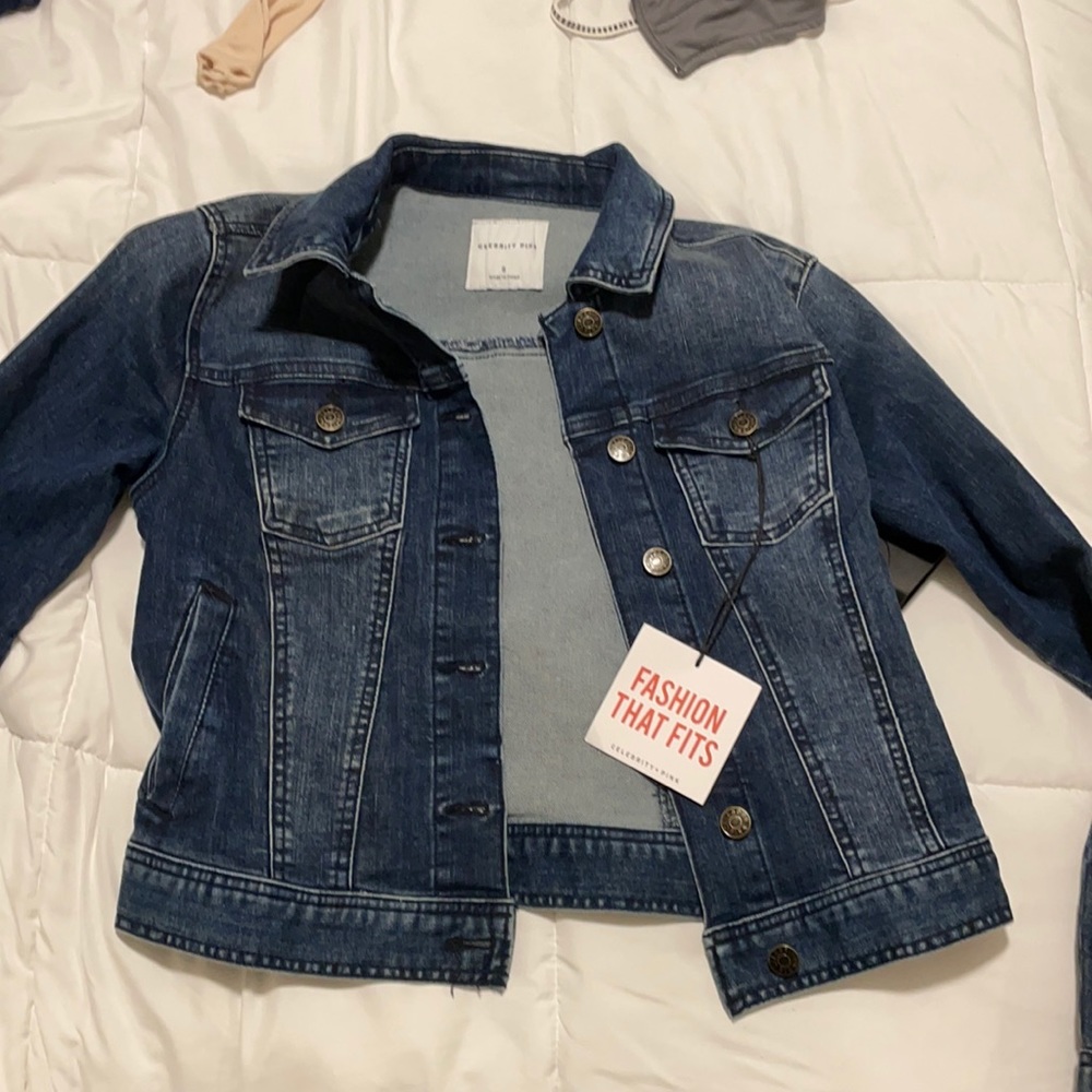 celebrity pink crop denim jacket